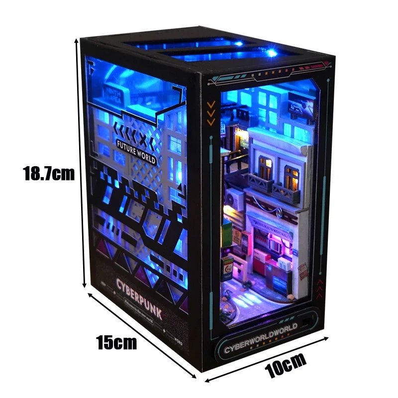 Cyber World - DIY Wooden Book Nook Shelf Insert Miniature Building Kits Cyberrpunk World Bookshelf Assembly Bookend