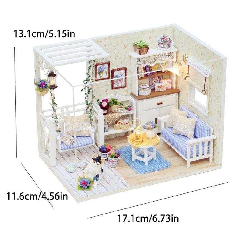 Kitten Mini Wooden Doll House Model Building Kits Toy Home Kit Creative Room Decoration with Furniture