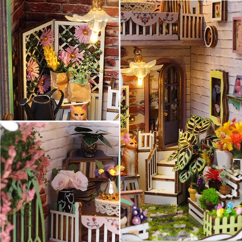 Flower House Book Nook Shelf Insert Kits Miniature Dollhouse With Furniture Toys Gifts 18.5x11x29cm