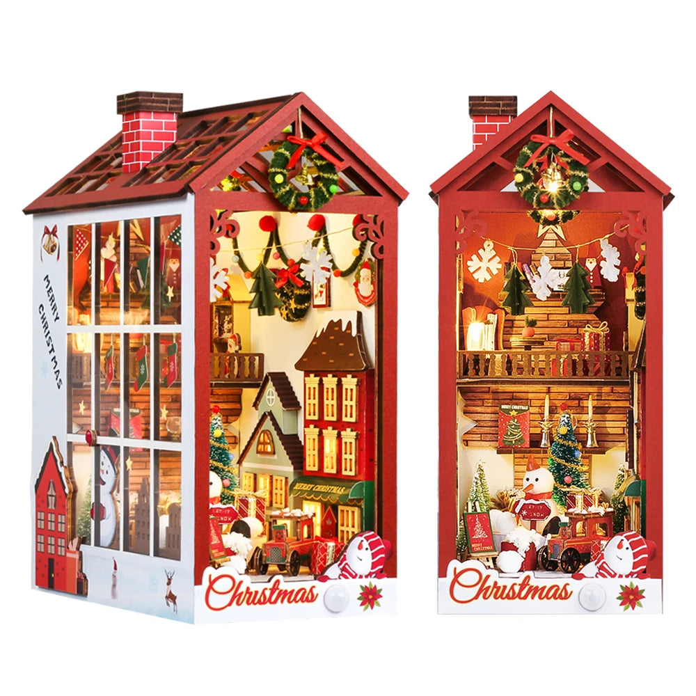 Christmas Book Nook Doll House 3D Puzzle With Sensor Light Dust Cover Music Box