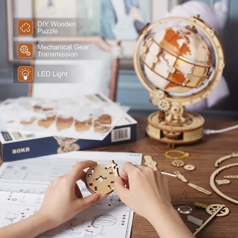 Luminous Wooden Globe Light Night - 3D Puzzle Globe desk lamp