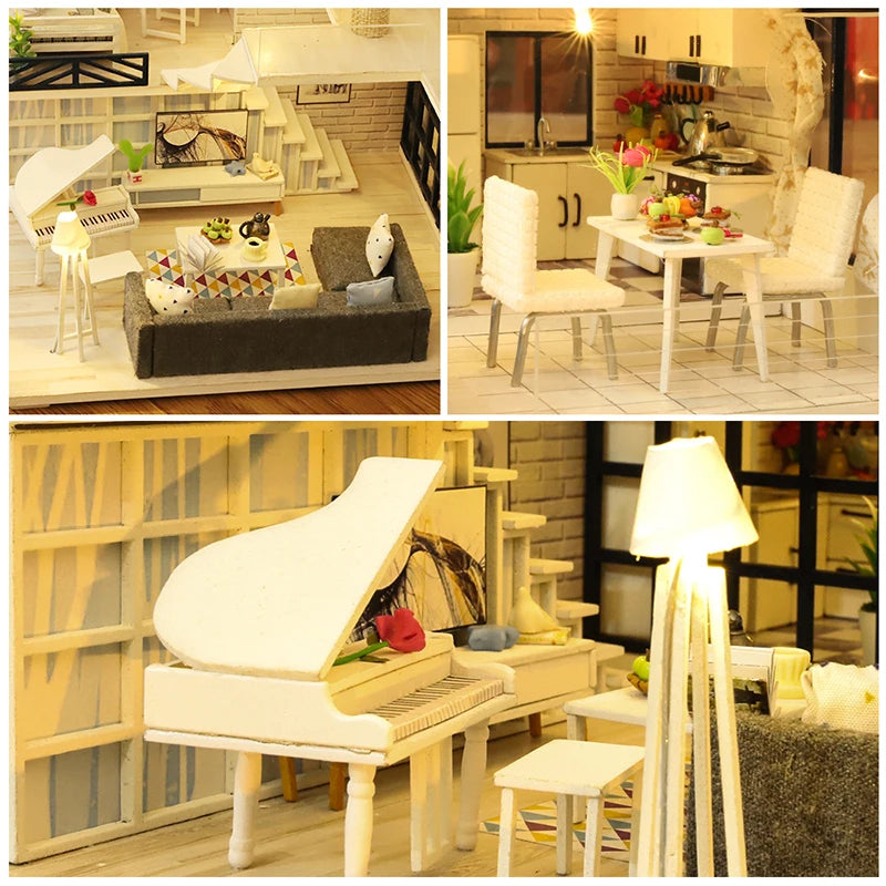 Casa De Boneca M21 -  Doll House Miniature with Furniture LED Music Dust Cover Model Building Blocks Toys for Children