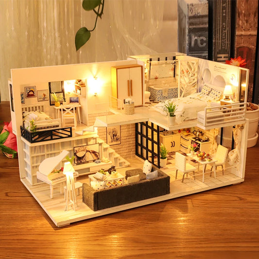 Casa De Boneca M21 -  Doll House Miniature with Furniture LED Music Dust Cover Model Building Blocks Toys for Children