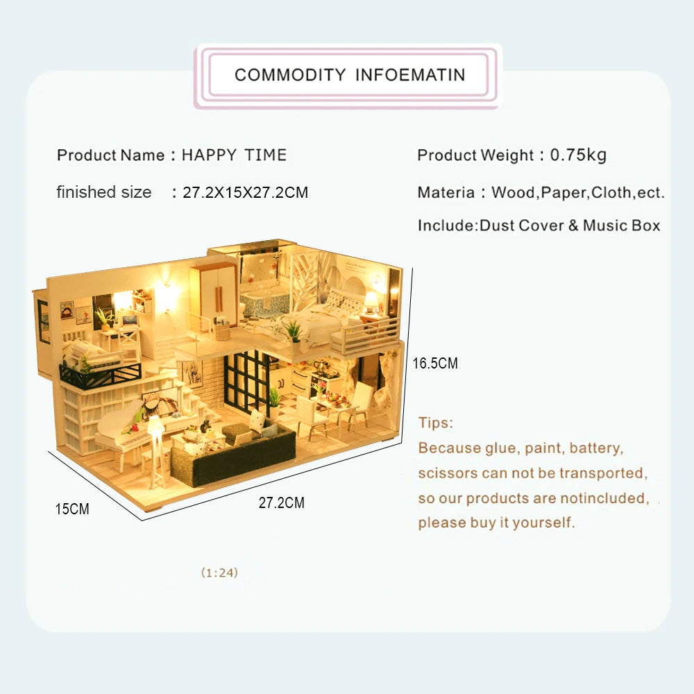 Casa De Boneca M21 -  Doll House Miniature with Furniture LED Music Dust Cover Model Building Blocks Toys for Children