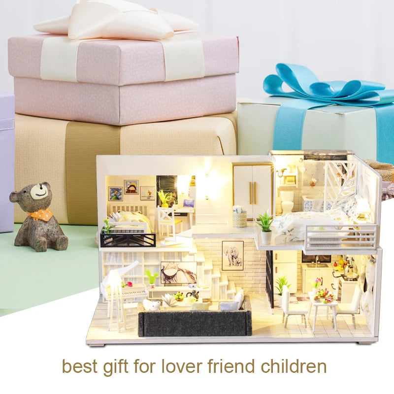 Casa De Boneca M21 -  Doll House Miniature with Furniture LED Music Dust Cover Model Building Blocks Toys for Children