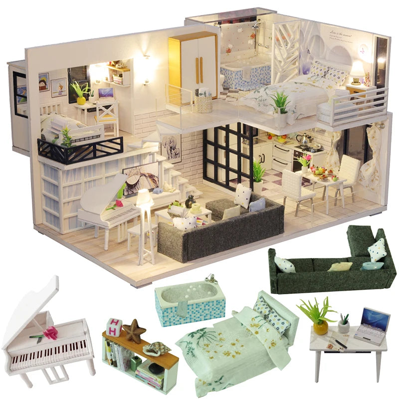 Casa De Boneca M21 -  Doll House Miniature with Furniture LED Music Dust Cover Model Building Blocks Toys for Children