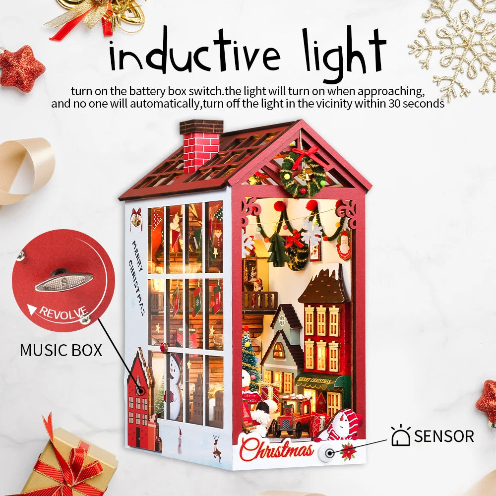 Christmas Book Nook Doll House 3D Puzzle With Sensor Light Dust Cover Music Box