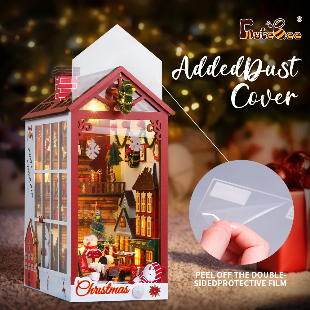 Christmas Book Nook Doll House 3D Puzzle With Sensor Light Dust Cover Music Box