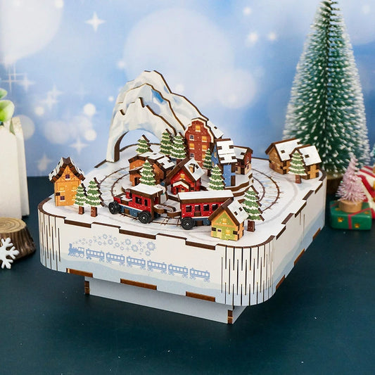 Snow Country Train Music Box - DIY Wooden 3D Puzzles Model Building Kits Christmas