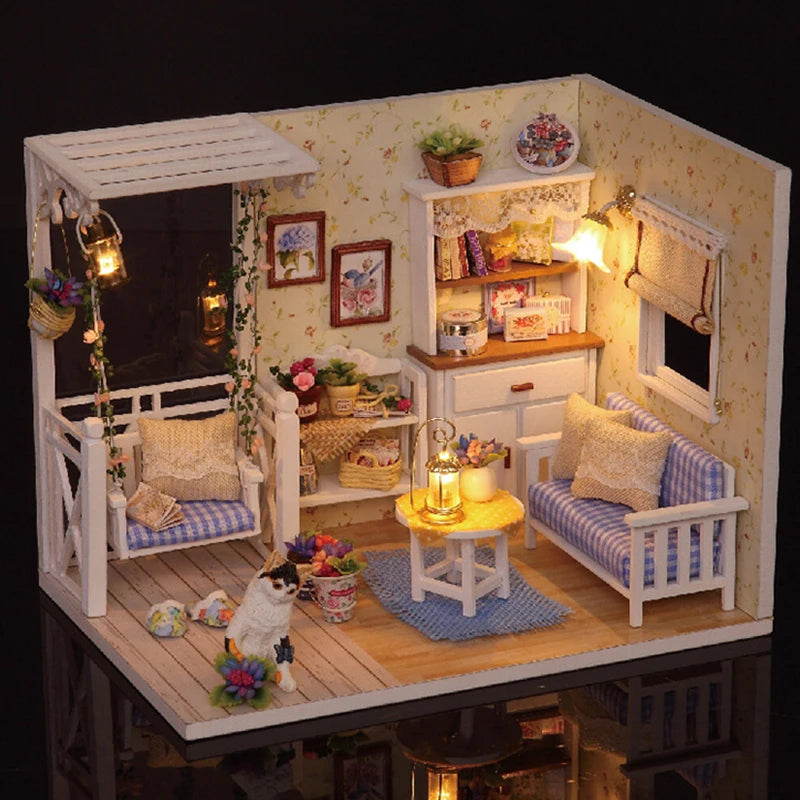Kitten Mini Wooden Doll House Model Building Kits Toy Home Kit Creative Room Decoration with Furniture
