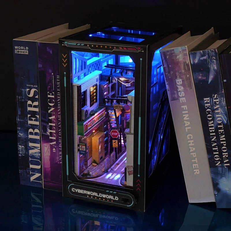 Cyber World - DIY Wooden Book Nook Shelf Insert Miniature Building Kits Cyberrpunk World Bookshelf Assembly Bookend
