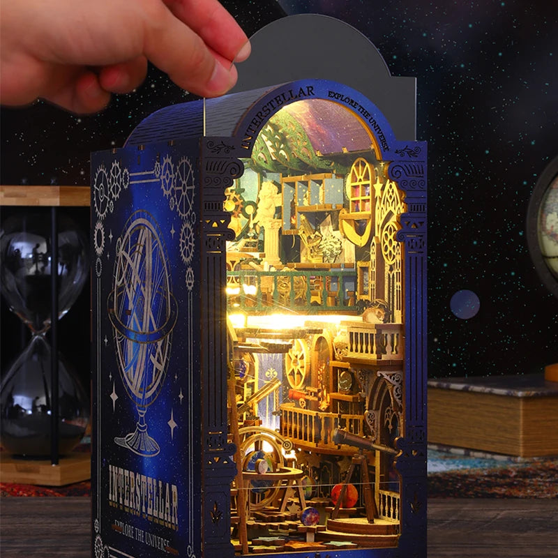 Interestellar - Bookshelf Set DIY Book Nook Kit Wooden Doll House Book Shelf , 3D Puzzle Building Model Bookshelf With LED Light