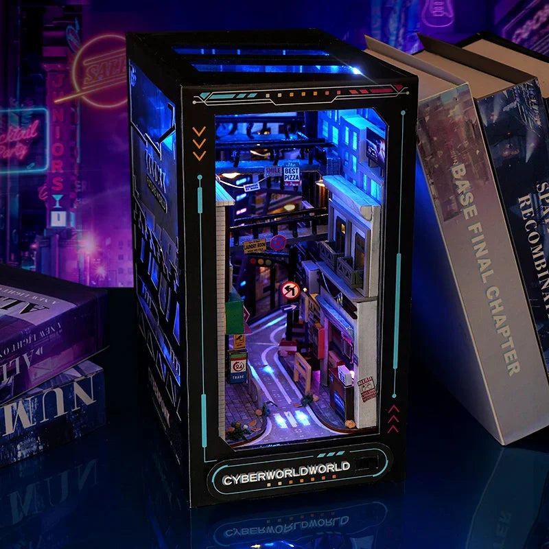 Cyber World - DIY Wooden Book Nook Shelf Insert Miniature Building Kits Cyberrpunk World Bookshelf Assembly Bookend