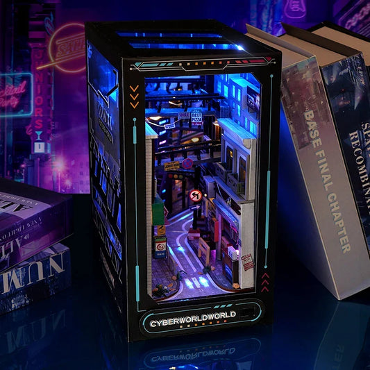 Cyber World - DIY Wooden Book Nook Shelf Insert Miniature Building Kits Cyberrpunk World Bookshelf Assembly Bookend