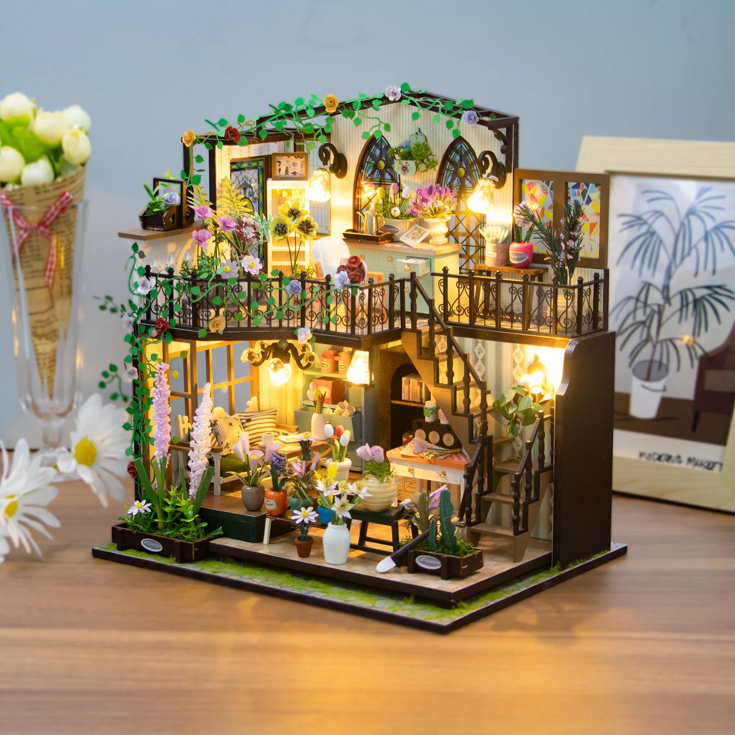Flower´s House - DIY Wooden Miniature Model Kit Bookend Assembled Dollhouses With Furniture Home Decoration