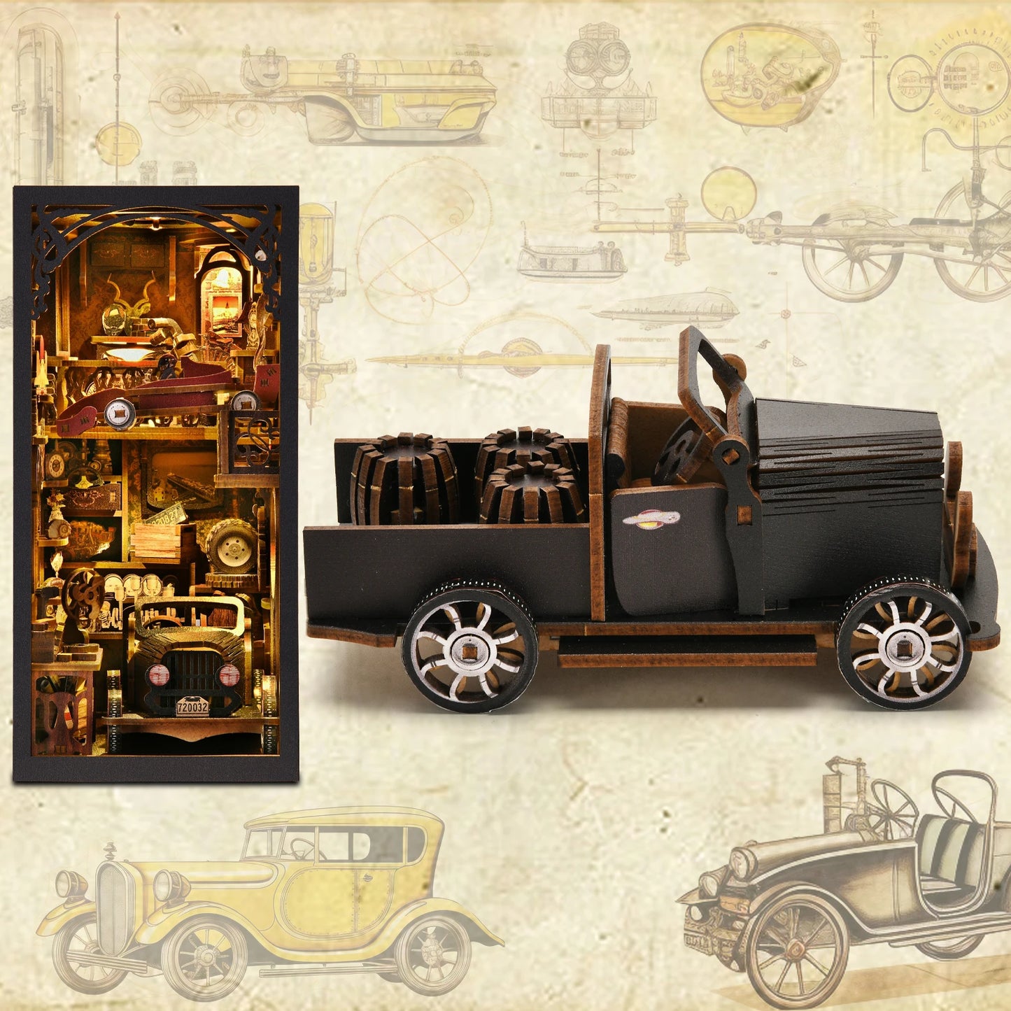 Model Car Vintage Classic Car Wooden Creative DIY 3D Puzzle Book Nook Kit