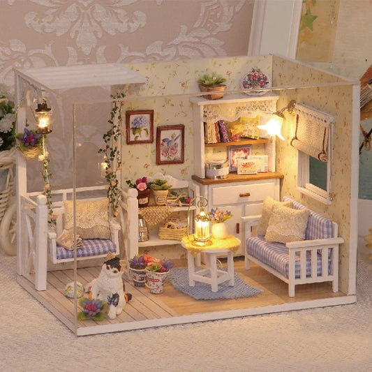 Kitten Mini Wooden Doll House Model Building Kits Toy Home Kit Creative Room Decoration with Furniture
