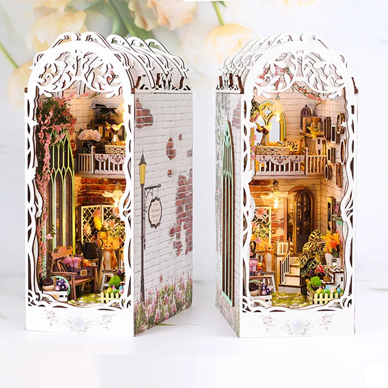 Flower House Book Nook Shelf Insert Kits Miniature Dollhouse With Furniture Toys Gifts 18.5x11x29cm