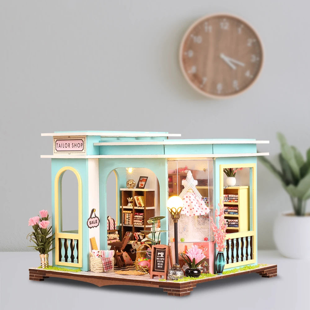 Tailor Shop -  DIY Wooden  Miniature Building Kits Bookend With Lights Assembled Bookshelf Home Decoration