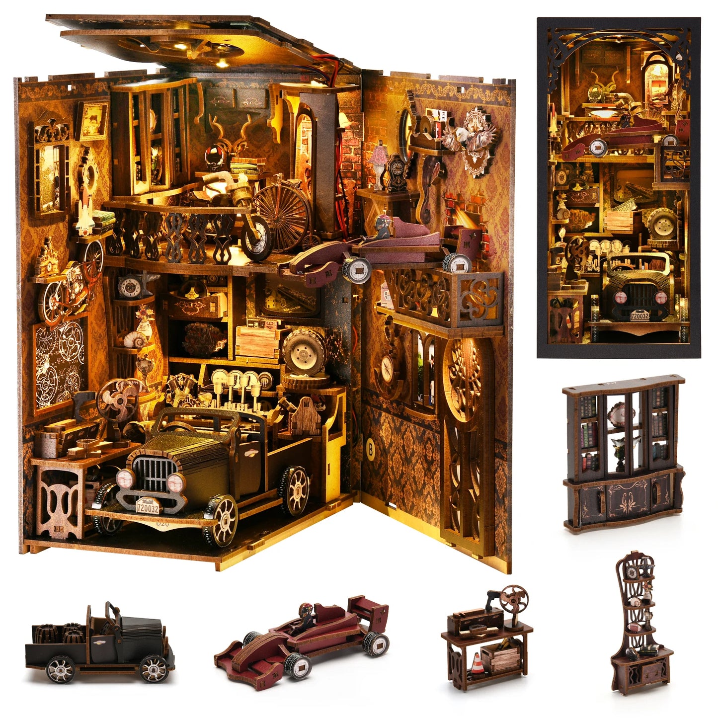 Model Car Vintage Classic Car Wooden Creative DIY 3D Puzzle Book Nook Kit