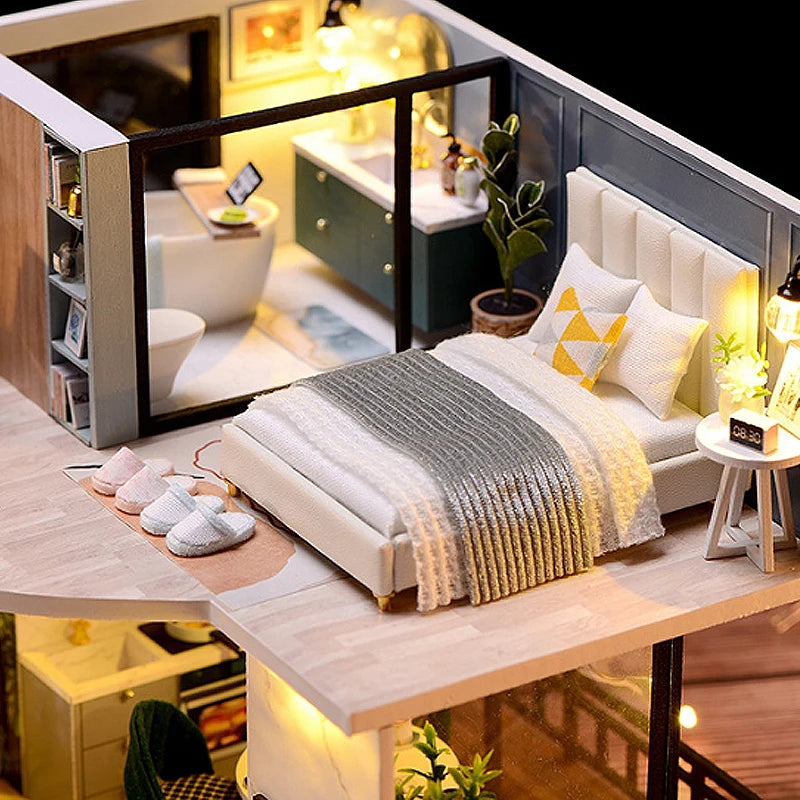 Modern Doll House Kit 3D Wooden - Mini DollHouse Assembly Building with Furniture Kit