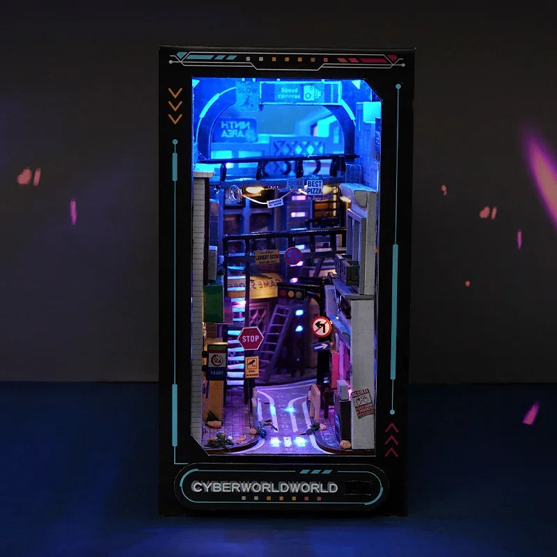 Cyber World - DIY Wooden Book Nook Shelf Insert Miniature Building Kits Cyberrpunk World Bookshelf Assembly Bookend