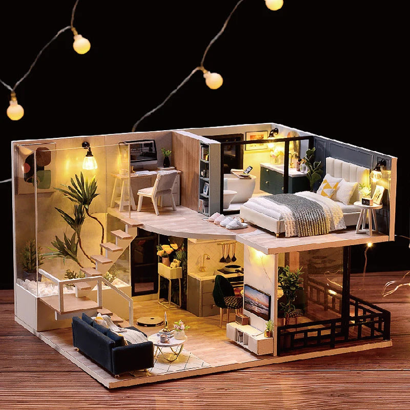 Modern Doll House Kit 3D Wooden - Mini DollHouse Assembly Building with Furniture Kit