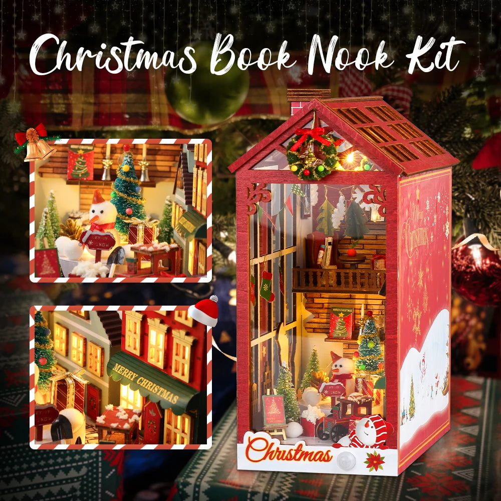 Christmas Book Nook Doll House 3D Puzzle With Sensor Light Dust Cover Music Box