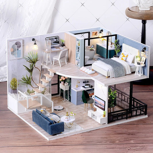 Modern Doll House Kit 3D Wooden - Mini DollHouse Assembly Building with Furniture Kit