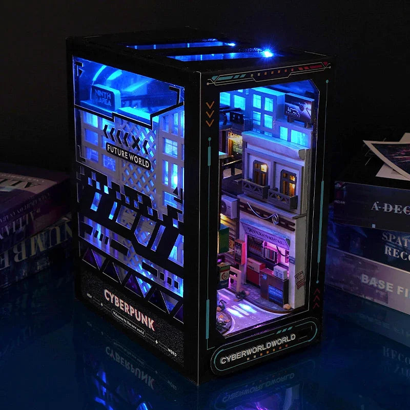 Cyber World - DIY Wooden Book Nook Shelf Insert Miniature Building Kits Cyberrpunk World Bookshelf Assembly Bookend