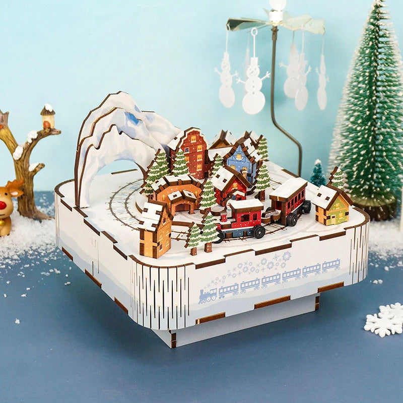 Snow Country Train Music Box - DIY Wooden 3D Puzzles Model Building Kits Christmas