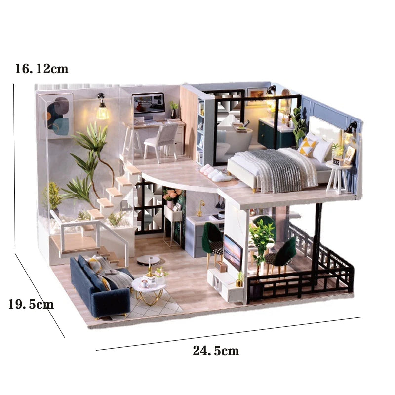 Modern Doll House Kit 3D Wooden - Mini DollHouse Assembly Building with Furniture Kit