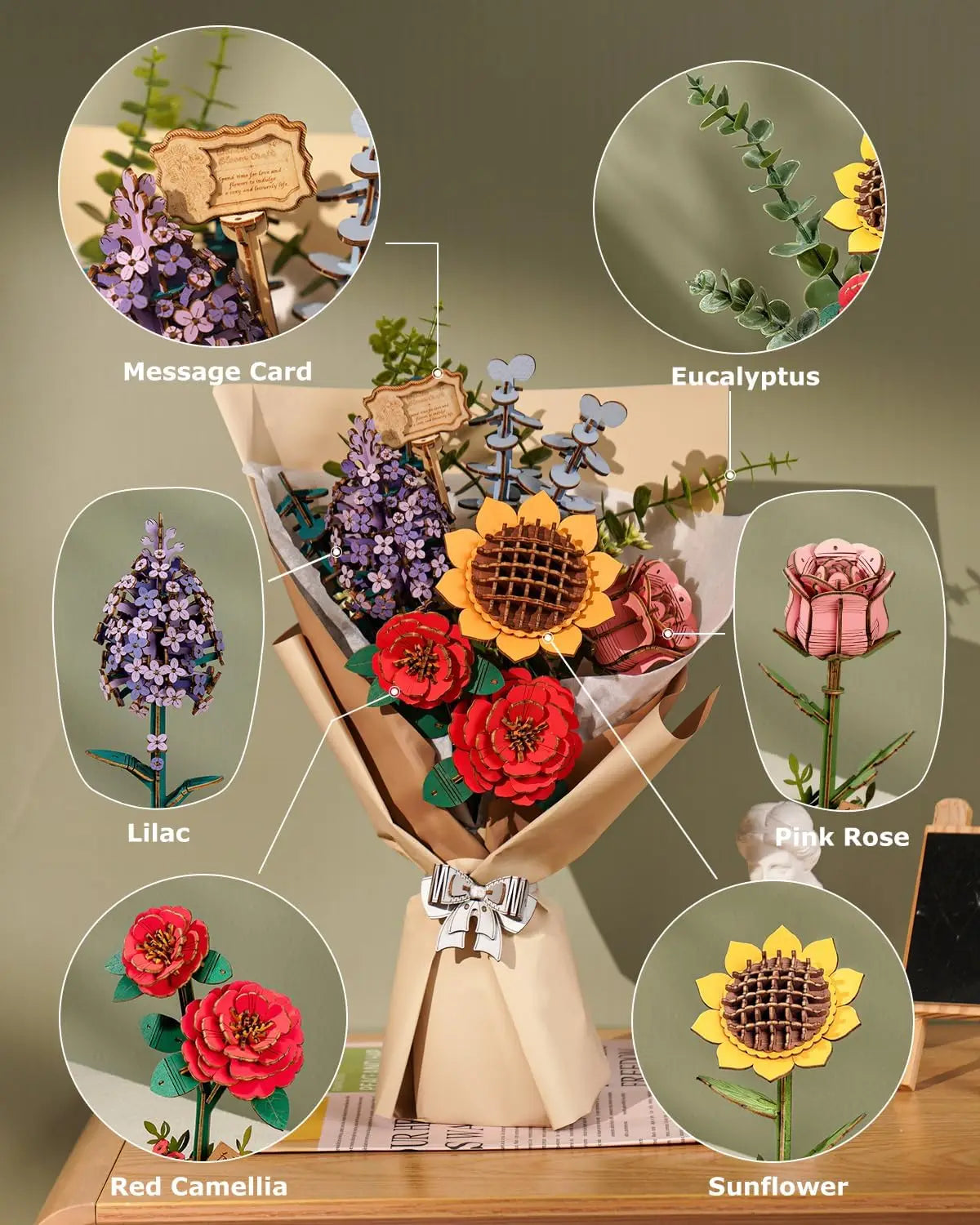Wooden Flower Bouquet - 3D Wooden Puzzle Wood Crafts