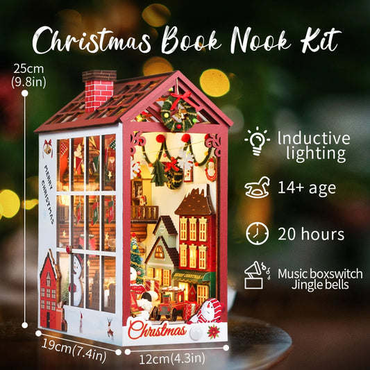 Christmas Book Nook Doll House 3D Puzzle With Sensor Light Dust Cover Music Box