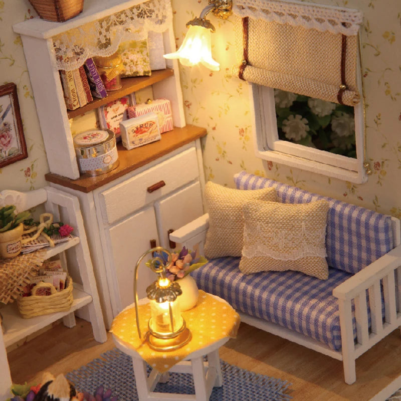 Kitten Mini Wooden Doll House Model Building Kits Toy Home Kit Creative Room Decoration with Furniture
