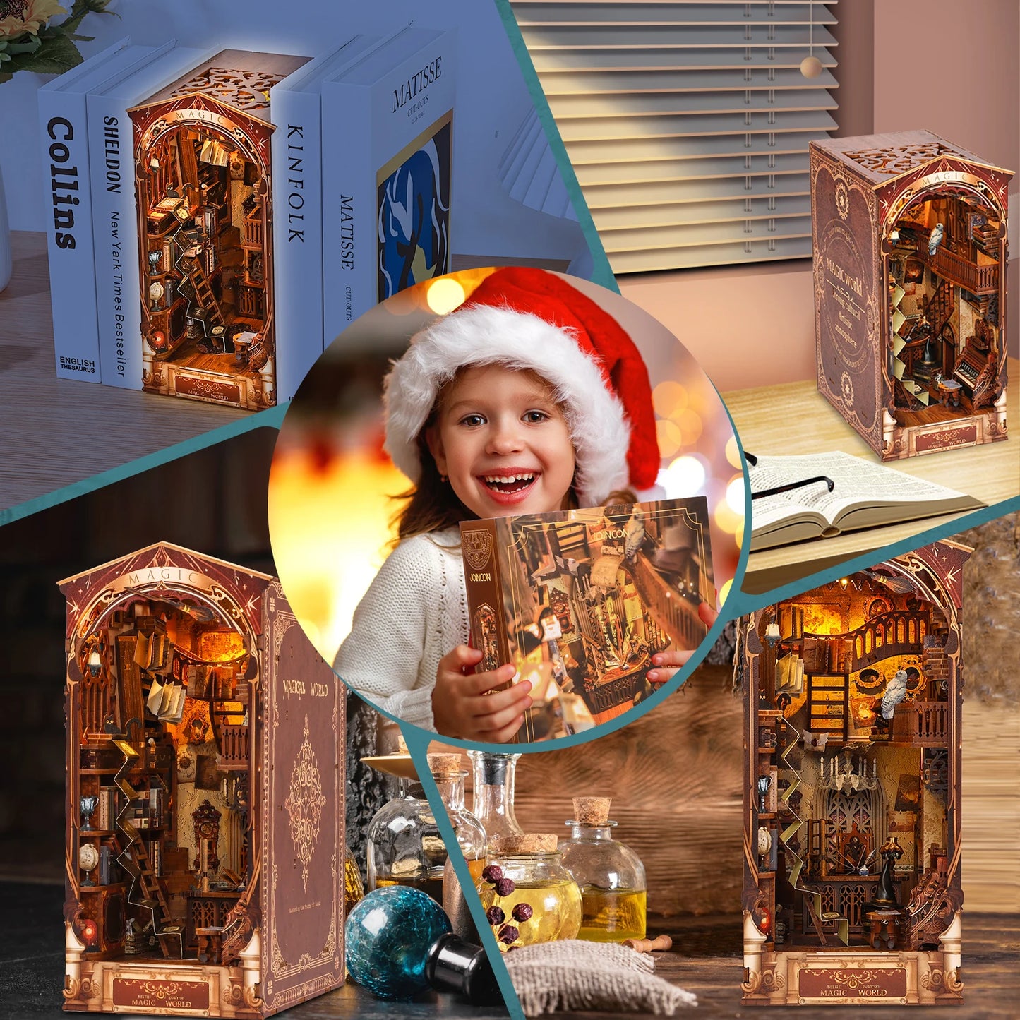 "MAGIC WORLD" DIY Book Nook Kit 3D Wooden Puzzle Bookshelf with LED Light