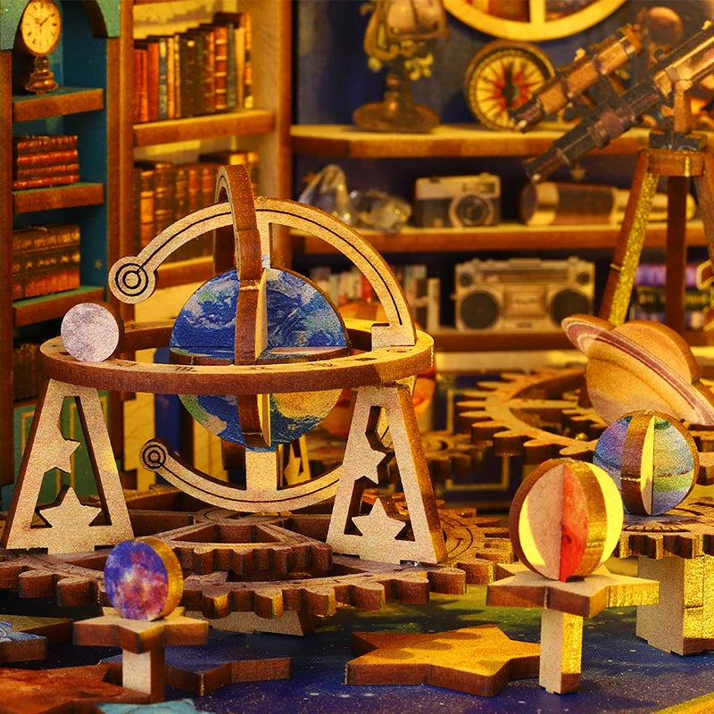 Interestellar - Bookshelf Set DIY Book Nook Kit Wooden Doll House Book Shelf , 3D Puzzle Building Model Bookshelf With LED Light