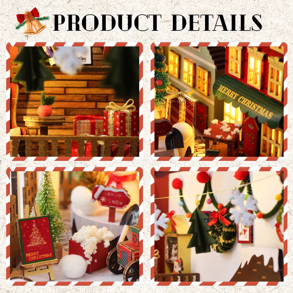 Christmas Book Nook Doll House 3D Puzzle With Sensor Light Dust Cover Music Box